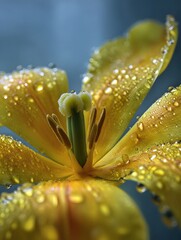 Close up ro view of a dew covered yellow tulip revealing intricate details of its petals and stamen
