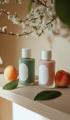 Two frosted glass body perfume bottles with white caps and blank labels one green and one pink placed on a wooden shelf with peach fruit and flowers in the background