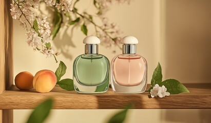 Two bottles of perfume with green and pink liquid inside placed on a wooden shelf with blooming flowers and peaches beside them in soft minimalist lighting
