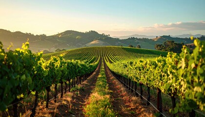 Fototapeta premium Golden Hour Sunlight Illuminates Rolling Vineyard Rows with Lush Green Grapevines Under a Clear Blue Sky