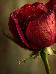 Close up ro view of a vibrant red rose with glistening dew drops on its petals
