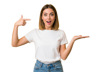 Surprised woman presenting product isolated on transparent background