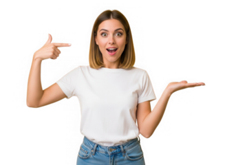 Surprised woman presenting product isolated on transparent background