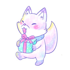 Watercolor Fancy Fox with Scarf and Gift/プレゼントを持った水彩タッチのファンシーなマフラーキツネ
