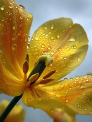 ro view of a vibrant yellow tulip adorned with glistening water droplets after rain