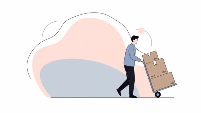 Man pushing trolley with large boxes, Black Friday shopping concept, minimalist background