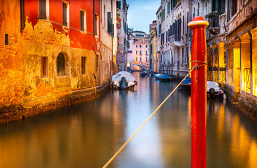 Historic Palaces and Narrow Canal in Venice at Evening, Italy