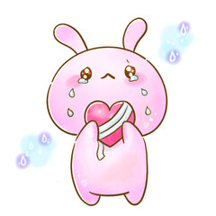 Kawaii Pink Bunny Crying with Heart Ribbon / 涙を流すハートを抱いたかわいいピンクのうさぎ 水彩イラスト 平成ファンシー風