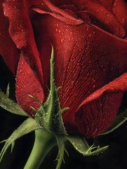 ro close up of a lush red rose with delicate dew drops glistening on velvety petals and a detailed thorny green stem