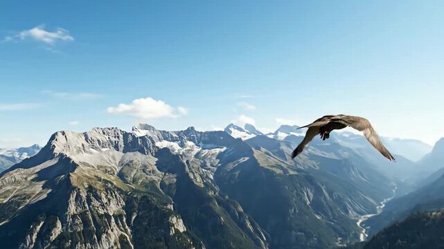 Spectacular Flight: Peregrine Falcon Soaring Across Majestic Mountain Range with Blue Skies, showcasing aerial mastery and natural beauty, bird life