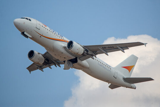 Ben Gurion Airport, Israel &ndash; 10.13.2025: Tus Air Airbus A320-214 5B-DDO Taking Off into Cloudy Sky