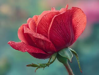 Close up ro photograph of a vibrant red rose glistening with morning dew drops on its delicate petals