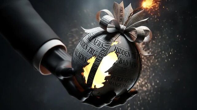 Hand holding a bomb with news headlines.