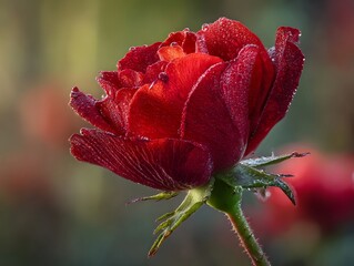 A vibrant red rose glistens with dew drops showcasing intricate petal details in soft light