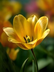 ro shot of a vibrant yellow tulip bloom showcasing delicate petals and intricate stamen details set against a soft blurred garden background