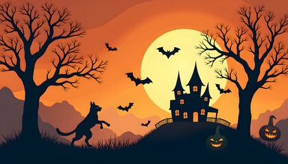Spooky Halloween Scene with Haunted House, Bats, and Pumpkins Under a Full Moon
