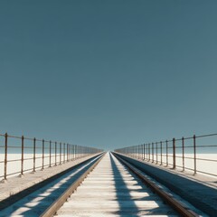 Naklejka premium Tranquil Railway Tracks Stretching Into the Horizon Under Clear Blue Sky