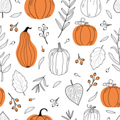 Seamless Pattern with Leaves and Pumpkins