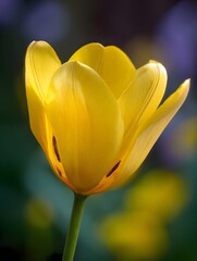 Close up ro photograph of a delicate vibrant yellow tulip flower with smooth petals illuminated by sunlight