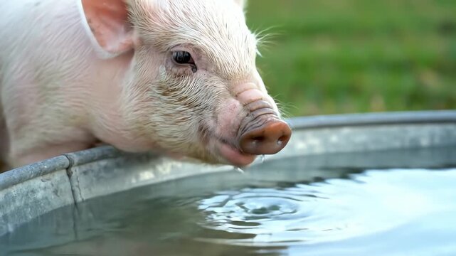 Delightful close up sequence capturing a young piglet drinking from a metal water trough with splashes visible on the farm on summer day