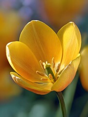 Close up ro photograph of a vibrant yellow tulip in full bloom with detailed center
