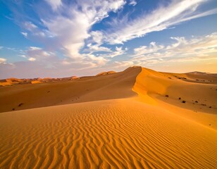 Golden desert landscape with rippled sand dunes and a bright sky