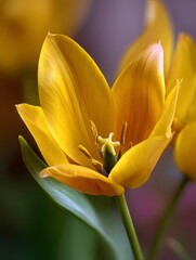 A vibrant yellow tulip captured in a close up ro view revealing its delicate petals and intricate central structure