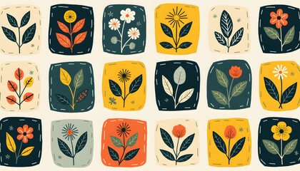 Colorful floral pattern with stitched square frames and botanical elements