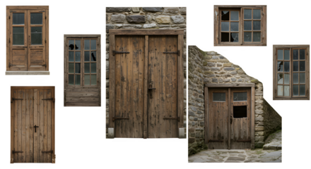 Old rustic doors, windows, or alleyways isolated on PNG background.