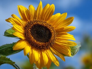 Naklejka premium A vibrant sunflower blooms brightly against a clear blue sky showcasing its detailed yellow petals and dark center