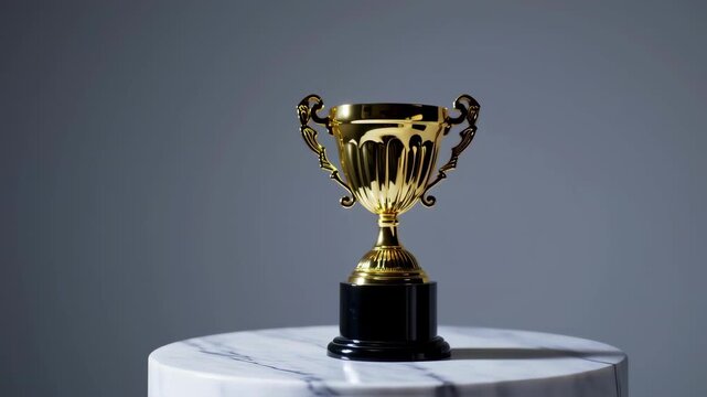 Gold trophy on a marble surface against a muted gray background