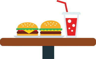 Juicy burgers and refreshing drink on wooden plank fast food meal vector