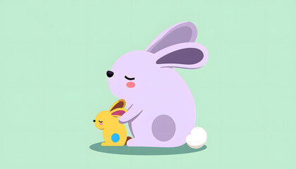 Cute illustration of a mother rabbit cuddling her baby bunny on a pastel background