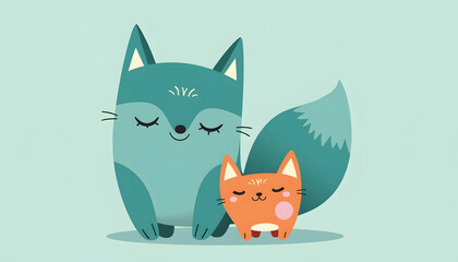 Cute cartoon fox and baby fox illustration on a soft blue background