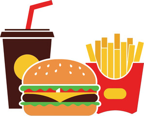 Burger fries drink combo flat icon fast food meal vector