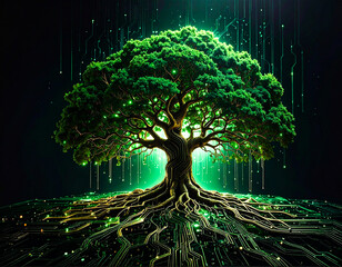 Digital tree of life: a fusion of nature and technology, This image depicts a vibrant tree with roots intertwined with circuit board patterns, symbolizing the intersection of nature and technology