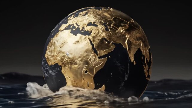Golden Earth Globe Submerging in Dark Water, Representing Global Economy, Wealth, Climate Change, and Environmental Issues