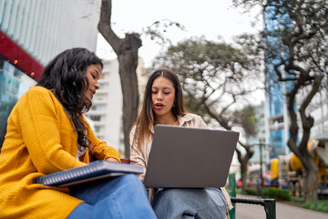 College students collaborating outdoors using laptop and notes