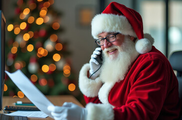Santa Claus reading documents. Santa checking Christmas lists in decorated office.