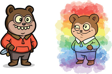 Cartoon bear characters in colorful outfits, rainbow background, magnifying glass, playful expressions, cute animal illustration, vibrant children’s art, joyful design