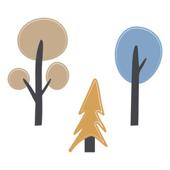 Illustrations of silhouettes of forest trees for decorating a children's room, for cute art posters on a white background.