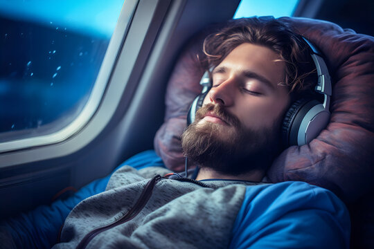 Relaxing man enjoying music in a dimly lit room with headphones on while resting on a bed