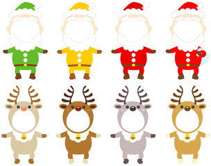 サンタとトナカイの顔だしパネルイラストセット。カラフルなひと揃いのクリスマス飾り。Christmas Face-in-Hole Frame. Santa & Reindeer Cutout Template. SVGデータ