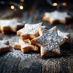 Christmas cookies in star shape with sugar powder. Cozy and festive homemade dessert for holiday design.