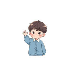 Cute cartoon boy waving hand friendly gesture with blue shirt and brown hair.