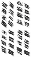 Set of black tire track prints on white background. Grungy and textured car wheel marks arranged in different patterns, ideal for design, automotive graphics, backgrounds, and creative illustration.