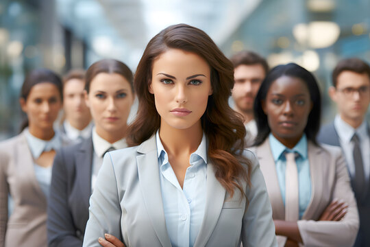 Diverse group of business professionals standing confidently in a modern urban setting during the day