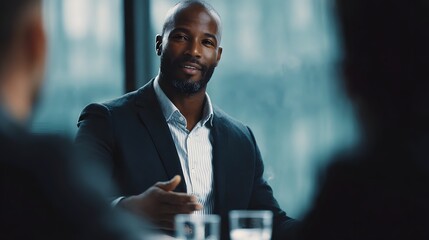A confident businessman in a suit gestures while leading a business meeting in a modern office setting