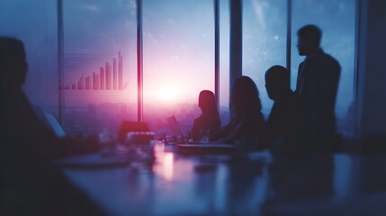 Silhouetted business team in a modern conference room during sunset with an overlay of a growth chart