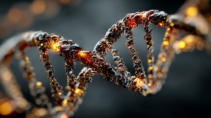 Abstract DNA Helix Structure with Glowing Elements and Black Background